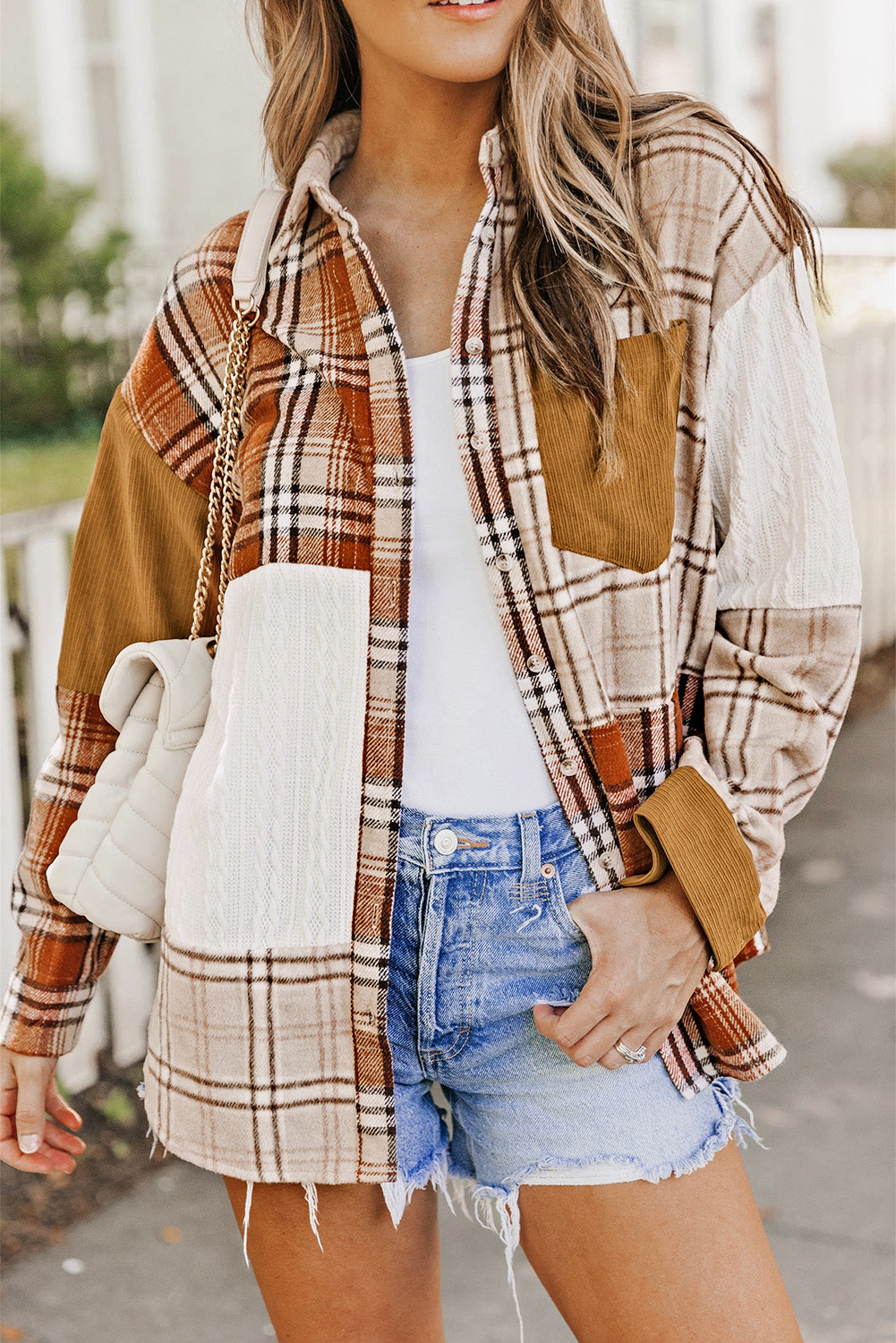 Plaid Colour Block Patchwork Shirt Jacket With Pocket | Orange