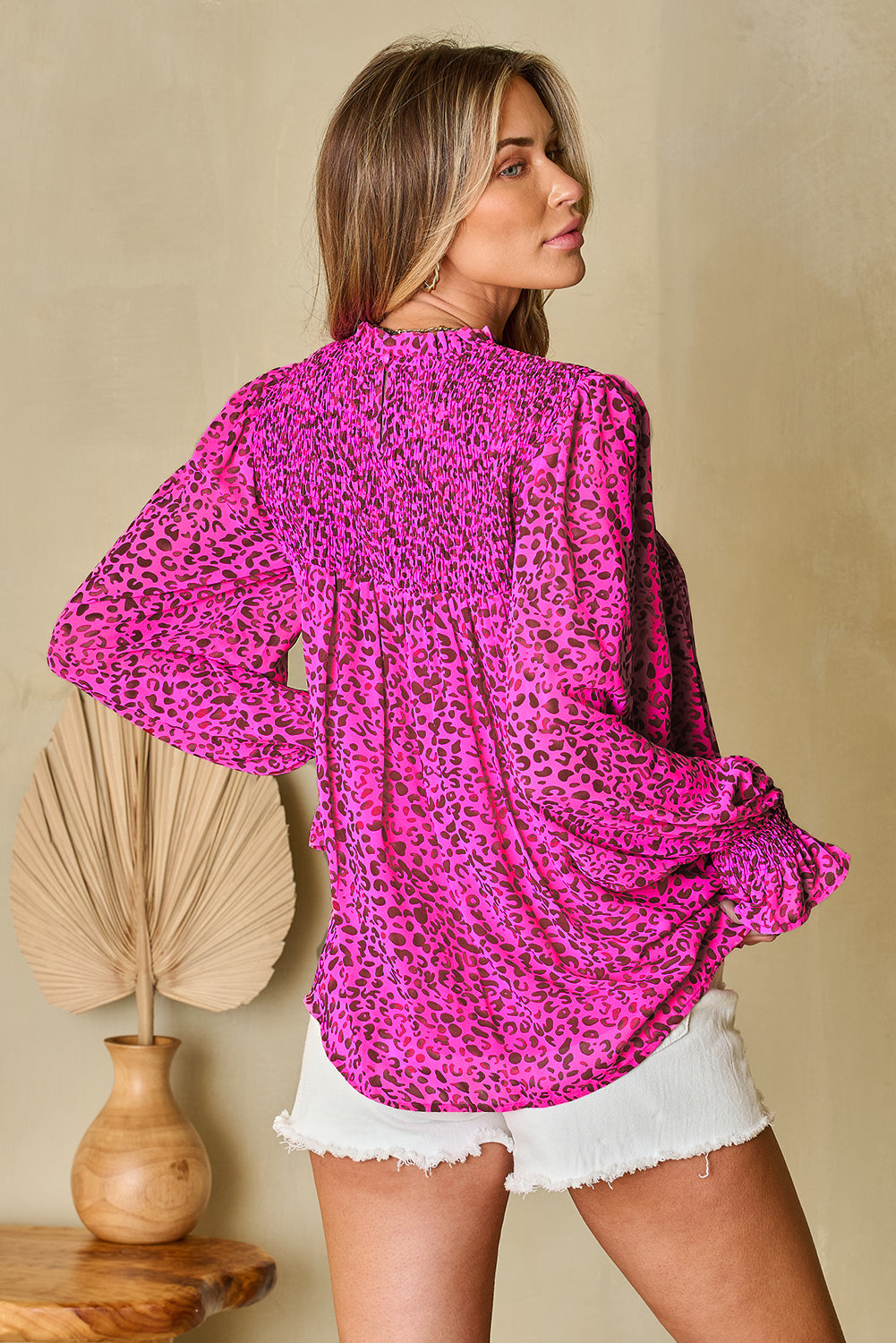 Leopard Shirred Puff Sleeve Flowy Blouse | Rose