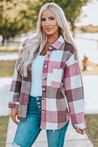 Plaid Colour Block Buttoned Long Sleeve Jacket With Pocket | Red