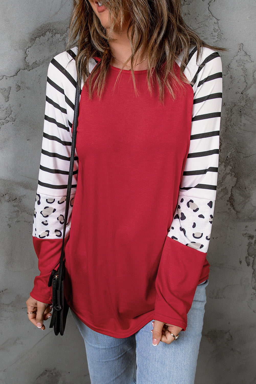 Striped Animal Print Colourblock Long Sleeve Top | Red