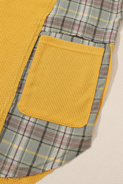 Waffle Knit Plaid Patchwork Pocketed Henley Hoodie | Yellow