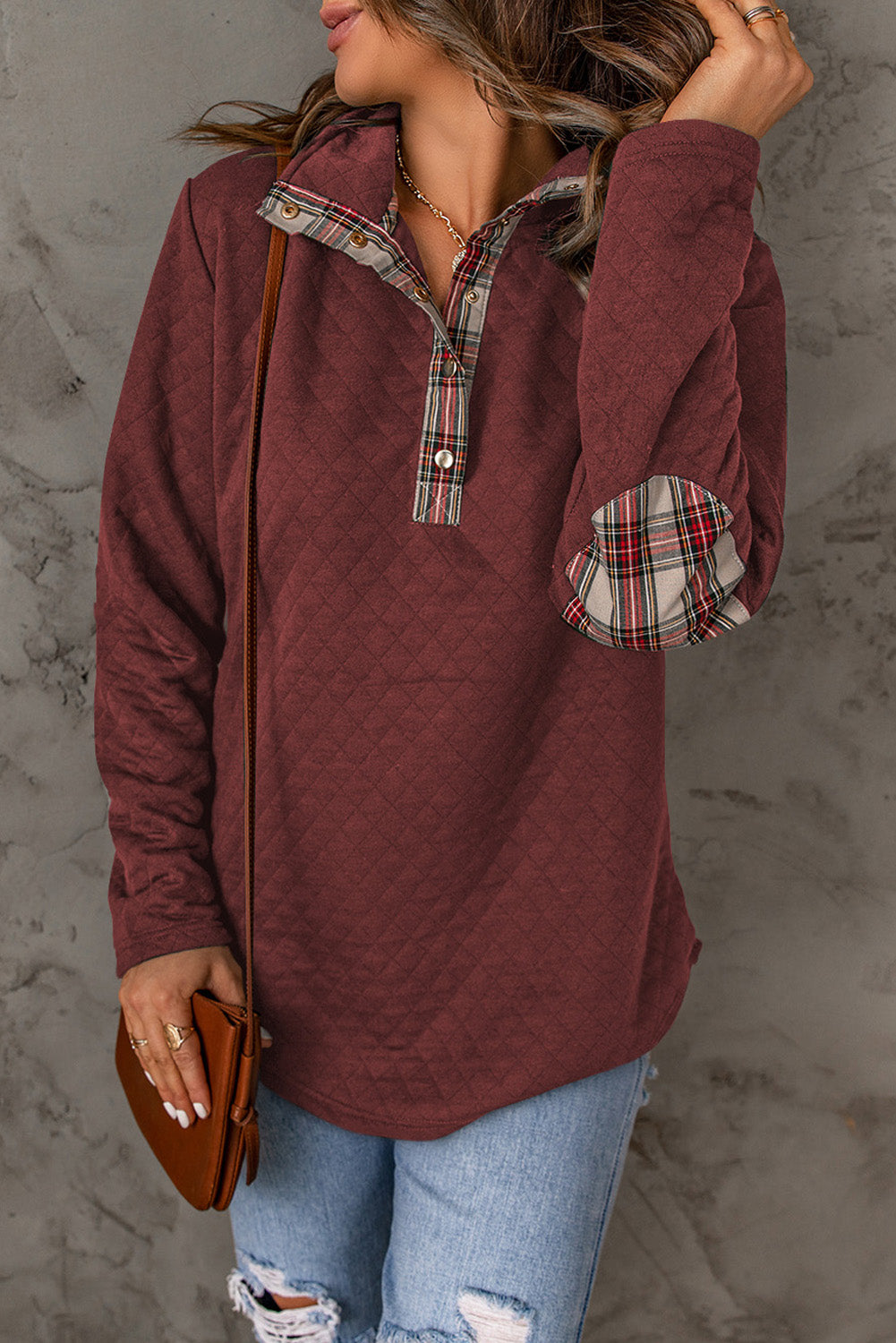 Fiery  Geometric Texture Plaid Trim Sweatshirt | Red