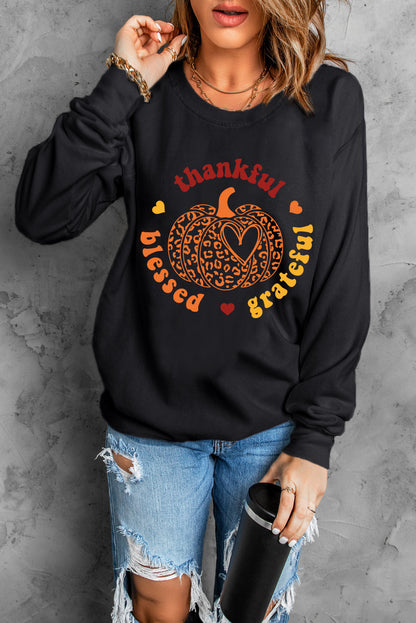 Leopard Pumpkin Thankful Blessed Grateful Print Sweatshirt | Black