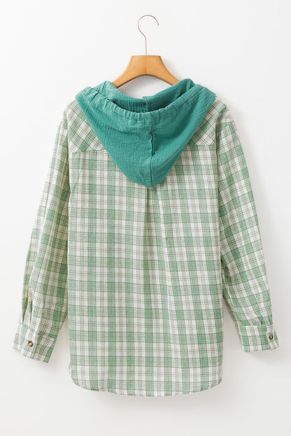 Checkered Print Loose Fit Buttoned Hooded Shacket | Green