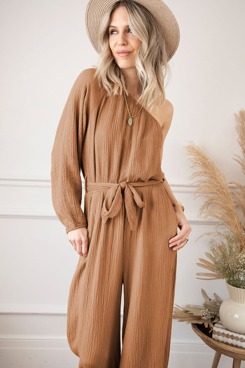 Crinkled Texture One-Shoulder Loose Jumpsuit | Khaki