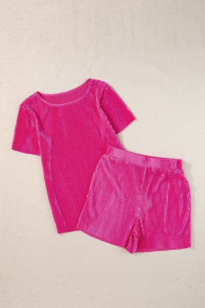 Casual Pleated Short Two-Piece Set | Bright Pink