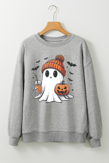 Halloween Ghost Print Crewneck Drop Shoulder Sweatshirt | Gray