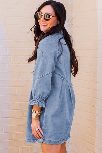 Buttoned Long Sleeve Denim Mini Dress | Sky Blue