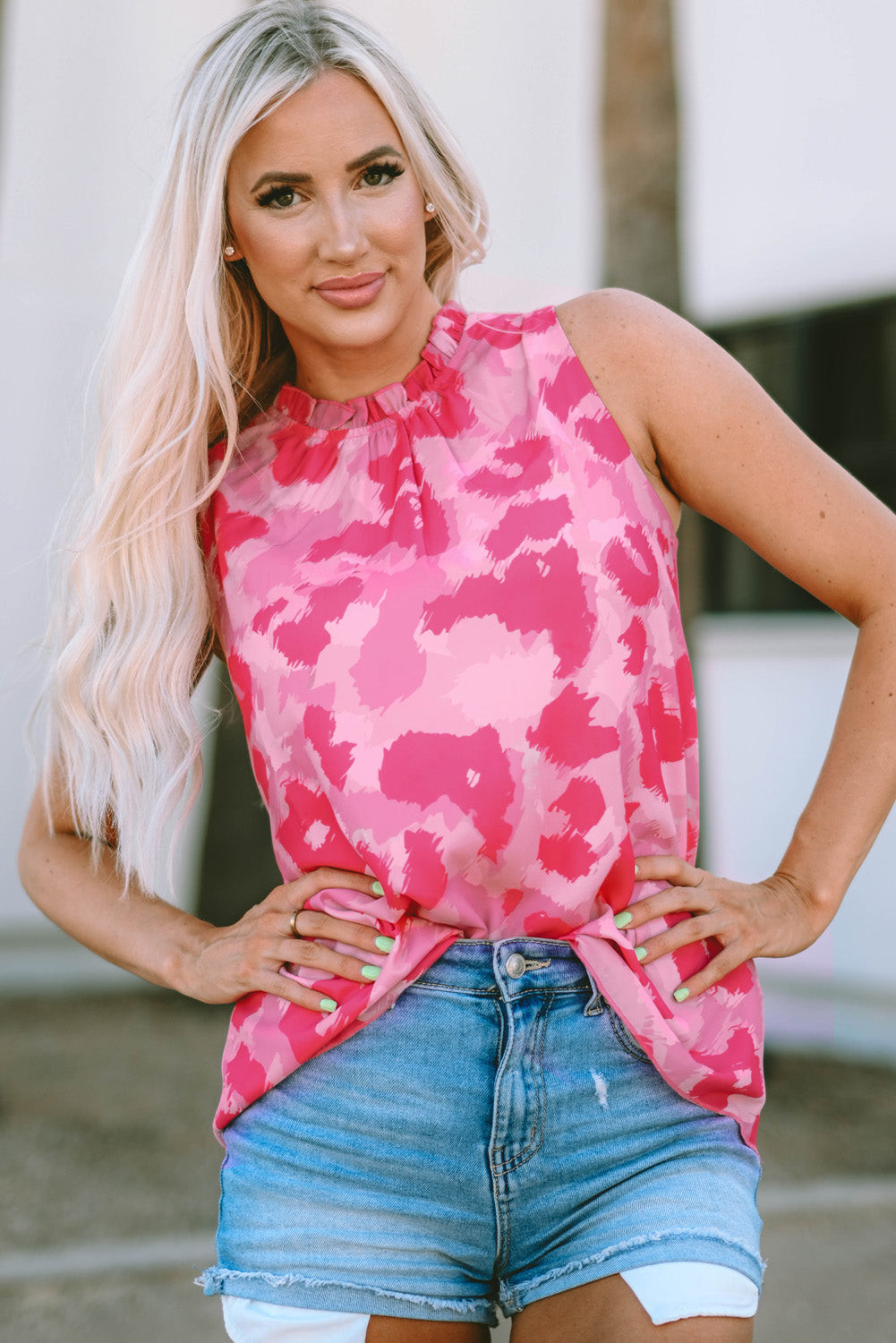 Pink  Frilled Collar Printed Tank Top | Leopard