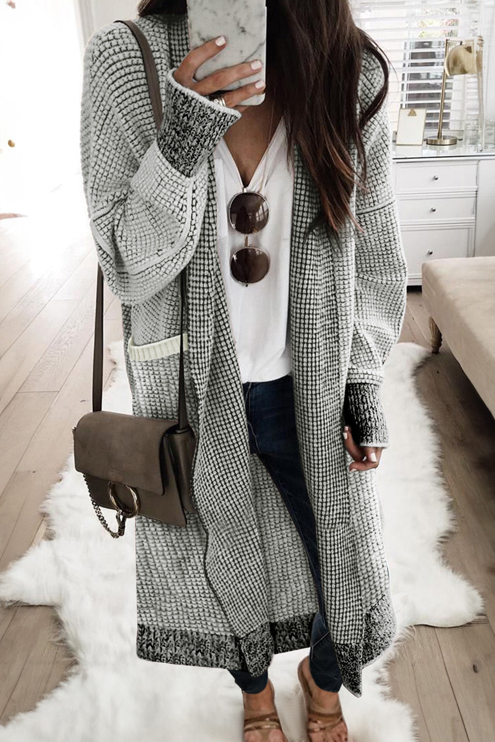 Textured Knit Pocketed Duster Cardigan | Gray