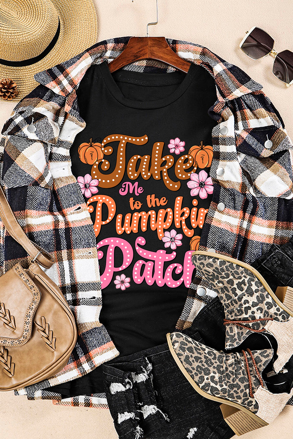 Take Me To The Pumpkin Patch Flower Print T Shirt | Black