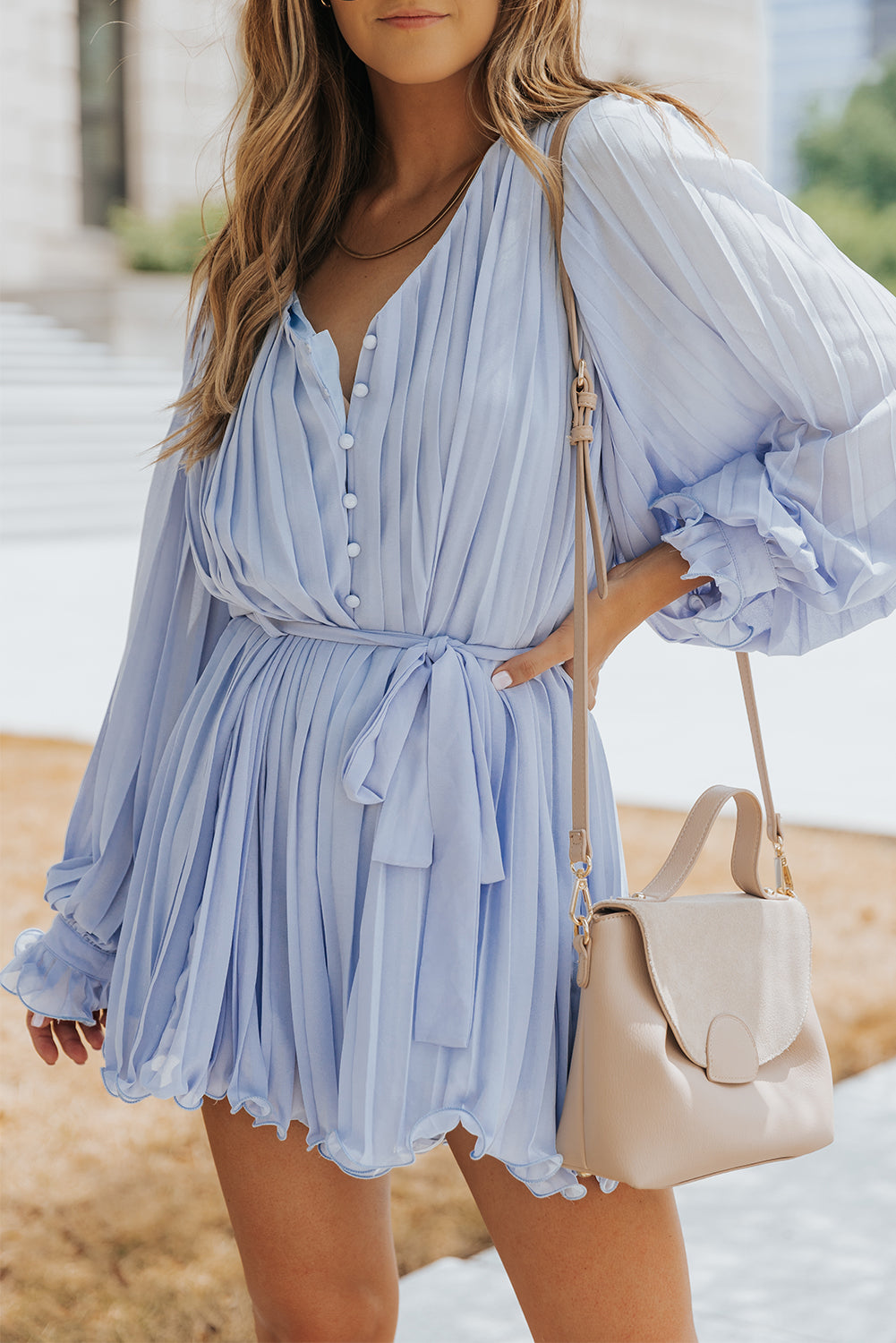 Pleated Ruffled Tie Waist Buttons V Neck Romper | Sky Blue