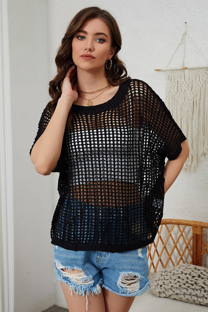 Fishnet Knit Ribbed Round Neck Short Sleeve Sweater Tee | Black