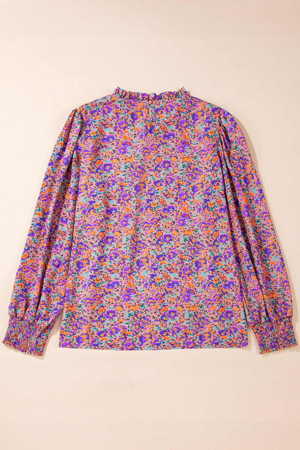 Floral Allover Print Shirred Cuff Frilled O Neck Blouse | Purple