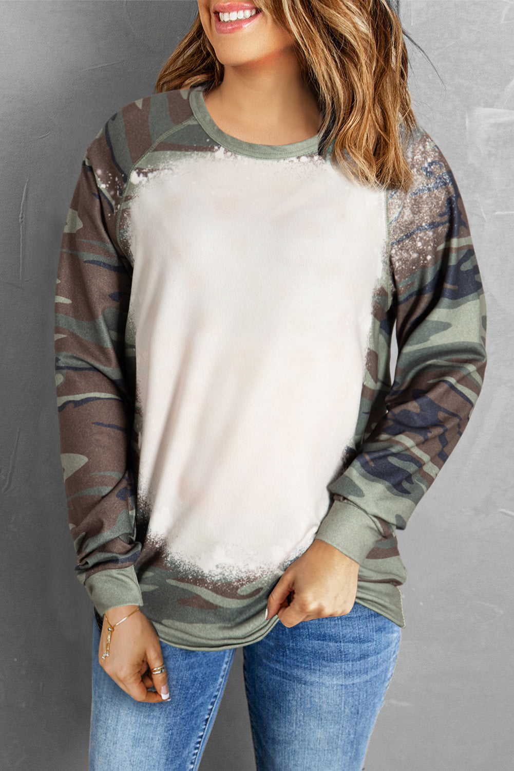 Camouflage Bleached Print Long Sleeve Sweatshirt | Jungle Green