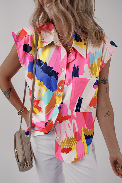 Multicolour Abstract Print Collared Cap Sleeve Casual Shirt