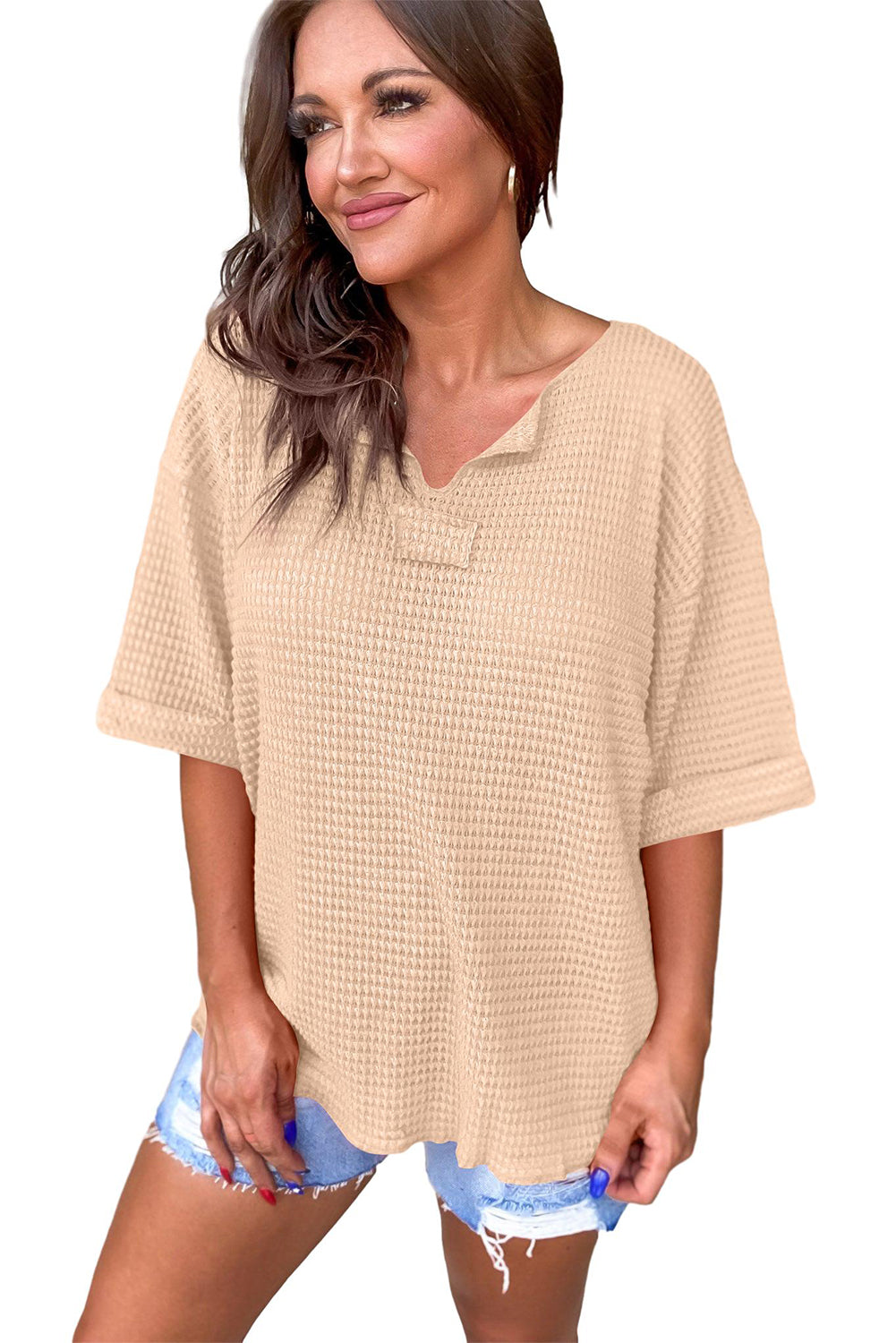 Textured Knit Split Neck Cuffed Short Sleeve Top | Parchment