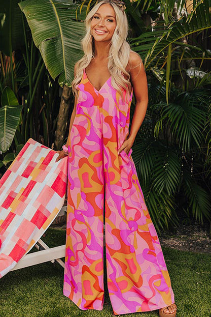 Boho Abstract Print V Neck Wide Leg Jumpsuit | Pink