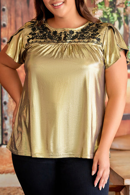 Plus Size Floral Embroidered Short Sleeve Top | Gold