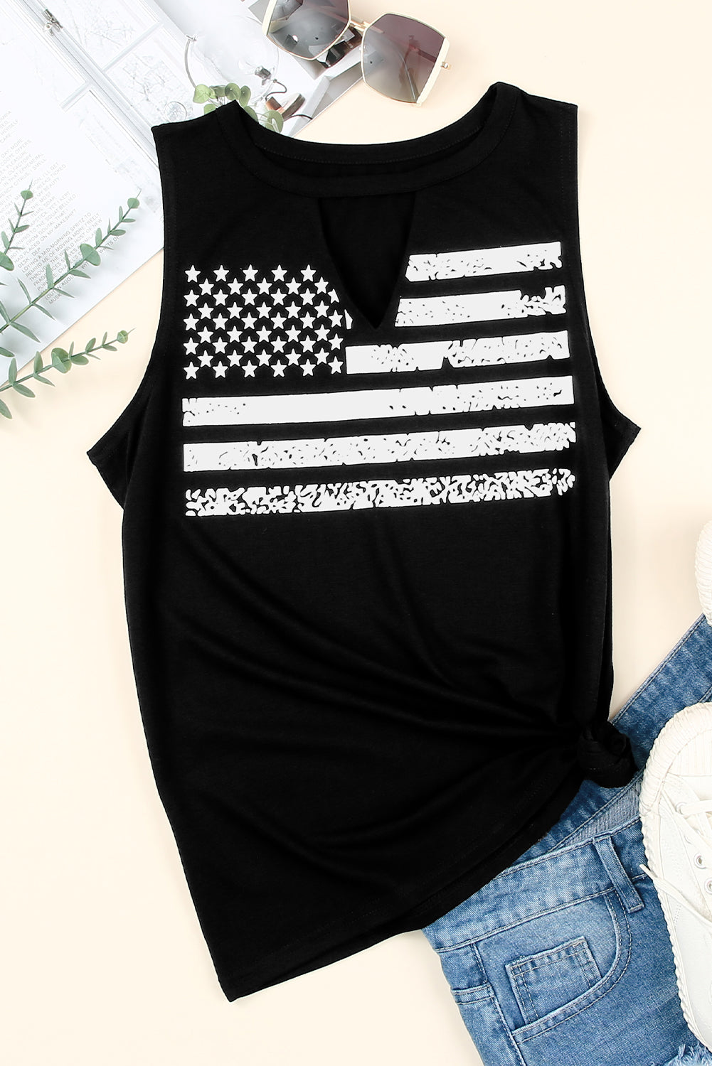 Cutout American Flag Print Tank Top | Black