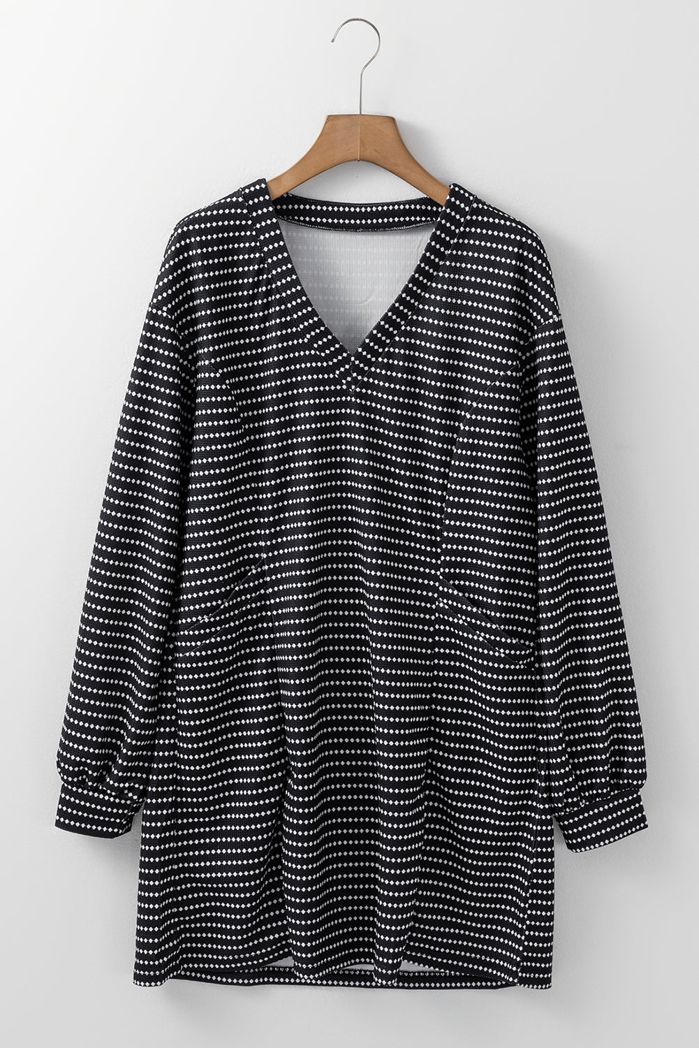 Striped V Neck Long Puff Sleeve Shift Dress | Black