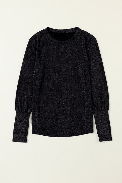 Glitter Round Neck Long Sleeve Top | Black