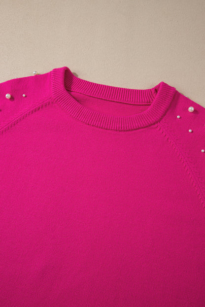 Pearled Decor Raglan Sleeve Plus Size Sweater | Strawberry Pink