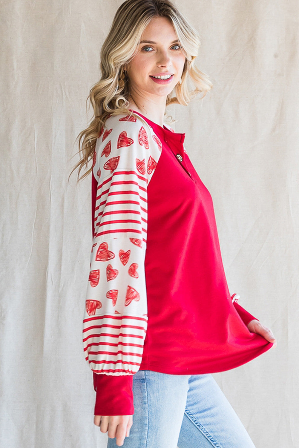 Heart Striped Raglan Sleeve Henley Top | Fiery Red