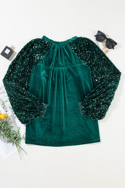 Sequin Patchwork Sleeve Button Up Velvet Top | Evergreen