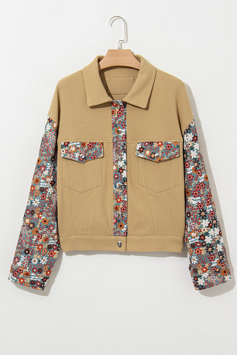 Waffle Knit Floral Print Patchwork Button Up Jacket | Khaki