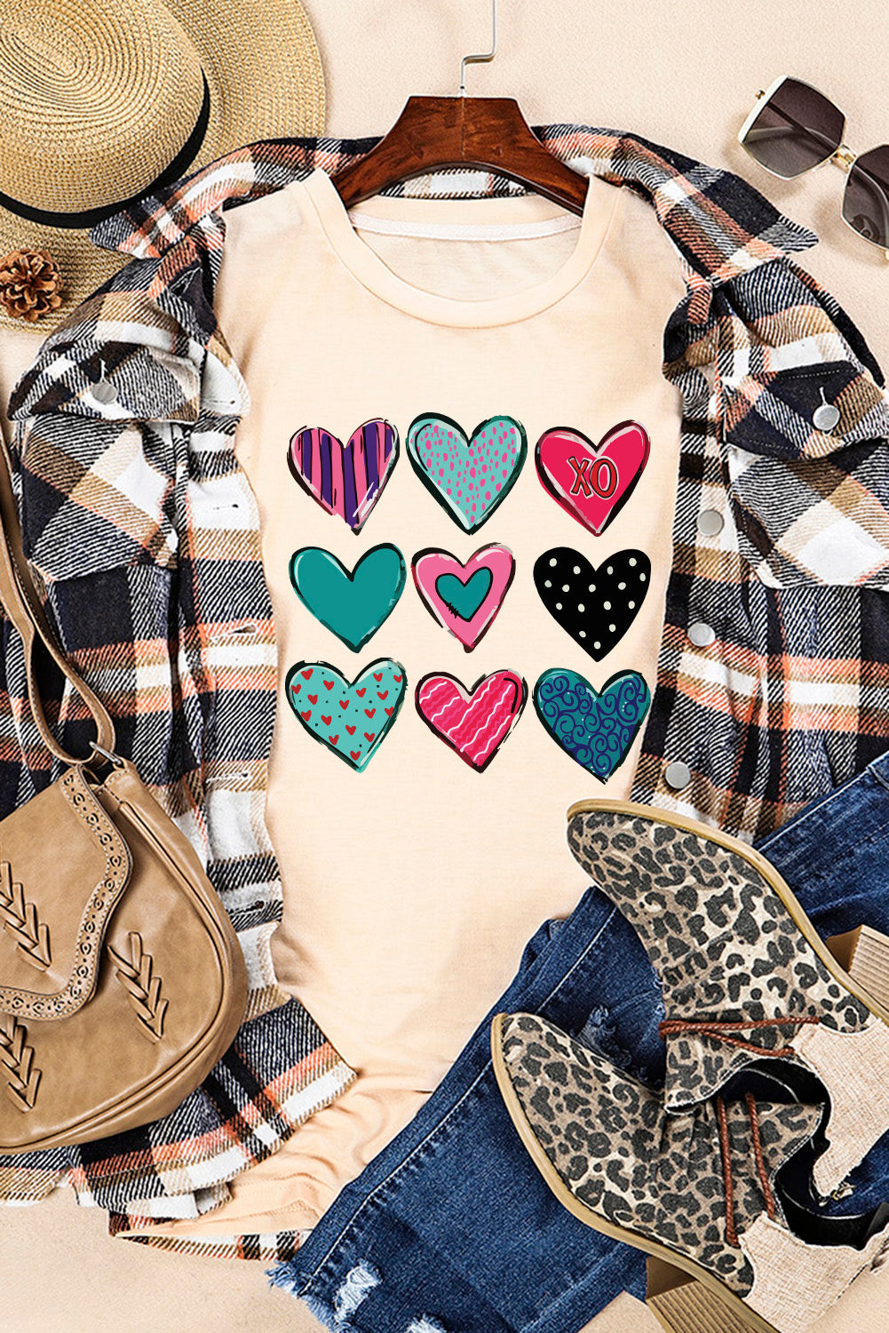 Valentines Multi Pattern Heart Shape Graphic T Shirt | Khaki