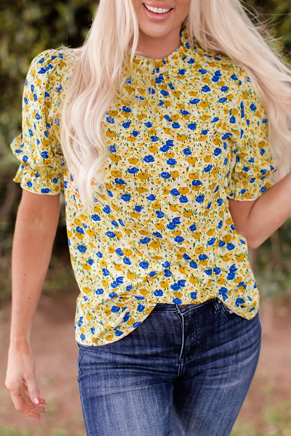 Boho Floral Ruffle Short Sleeve Frill Mock Neck Blouse | Yellow