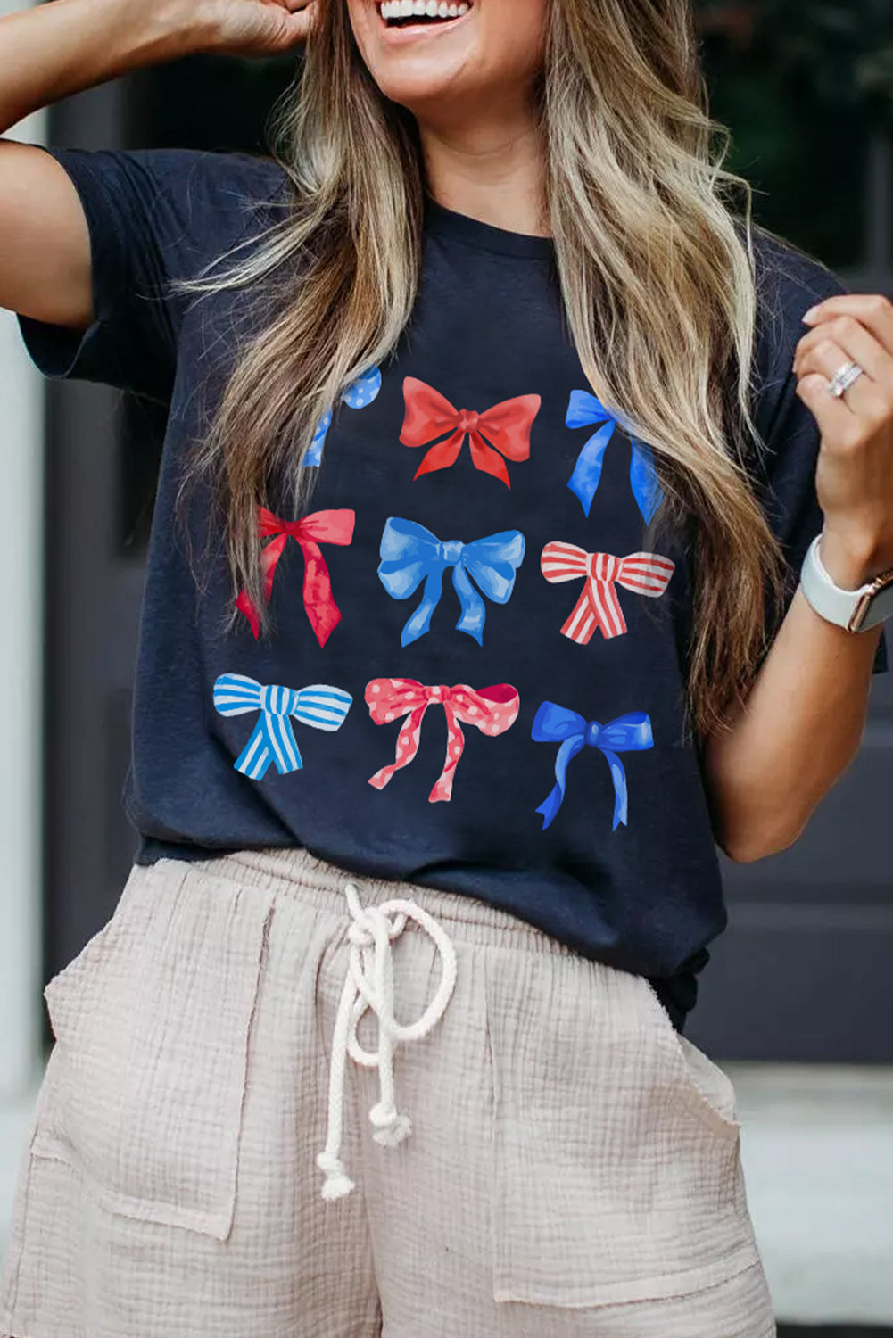 Diverse Bowknot Print Independent Day Graphic Tee | Blue