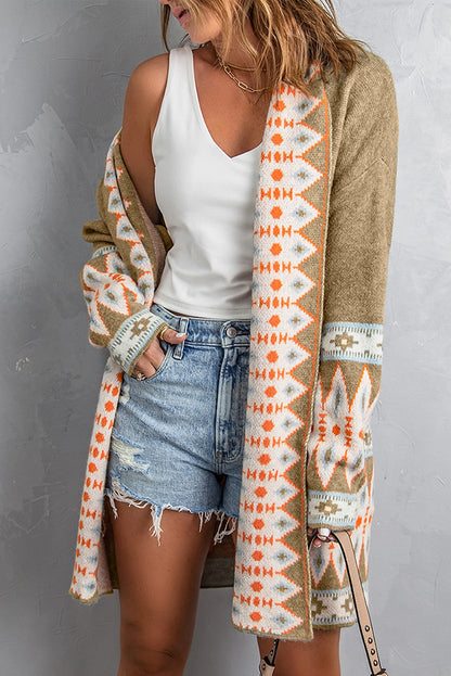 Aztec Print Open Front Knitted Cardigan | Khaki