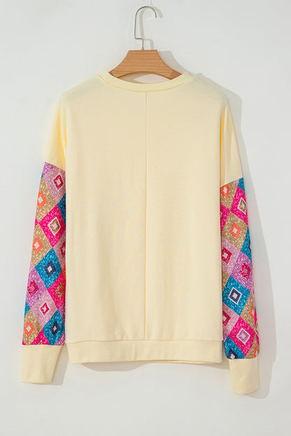 Geometric Printed Patchwork Long Sleeve Round Neck Top | Apricot