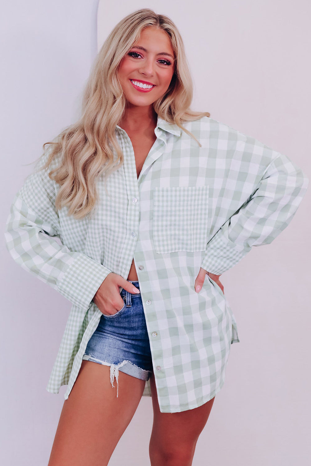 Mix Checked Patchwork Long Sleeve Shirt | Green