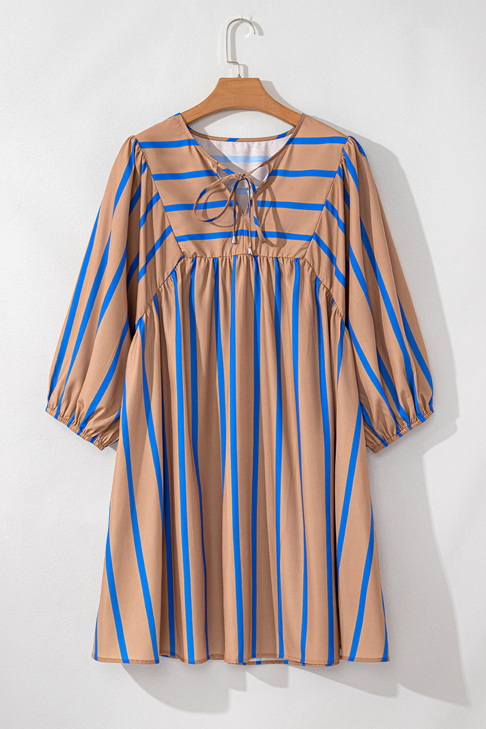 Contrast Striped Print 3/4 Sleeve Babydoll Plus Size Dress | Khaki Stripe