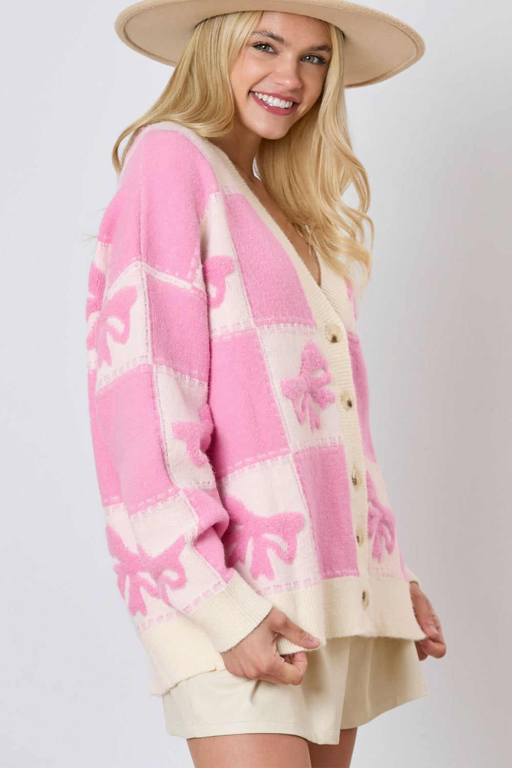 Bowknot Checkered Pattern V Neck Drop Shoulder Button Up Cardigan | Pink