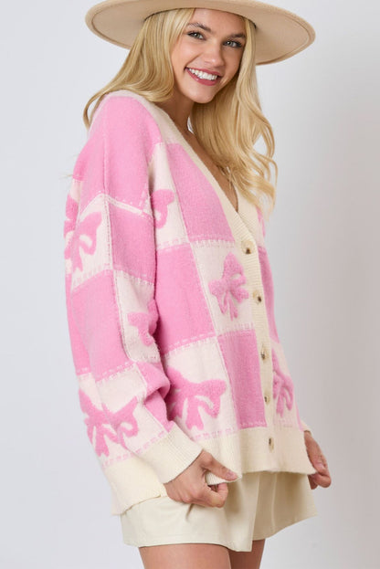 Bowknot Checkered Pattern V Neck Drop Shoulder Button Up Cardigan | Pink