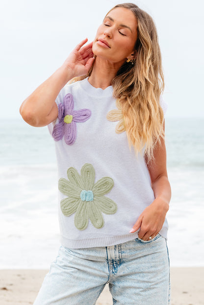 Multi Crochet Flower Knit Short Sleeve Sweater Tops | White