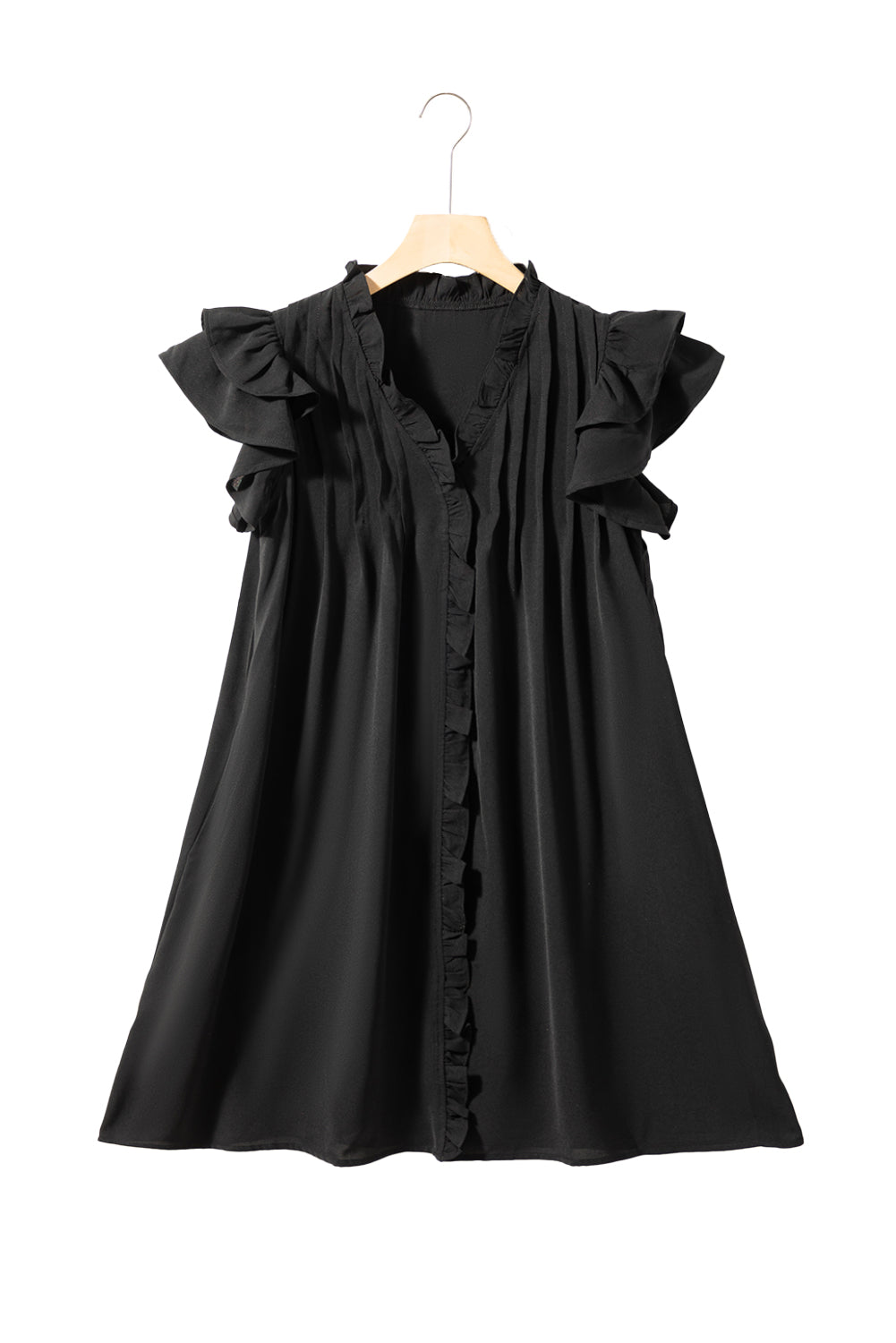 Ruffle Sleeve V Neck Frilled Shift Dress | Black