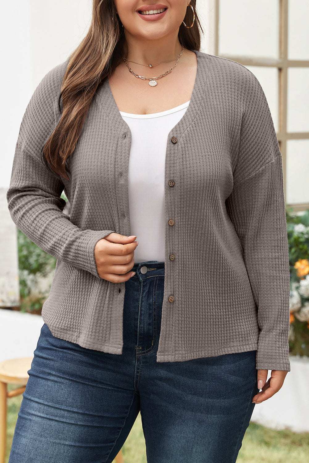 Waffle Knit Drop Shoulder Button V Neck Plus Size Top | Simply Taupe