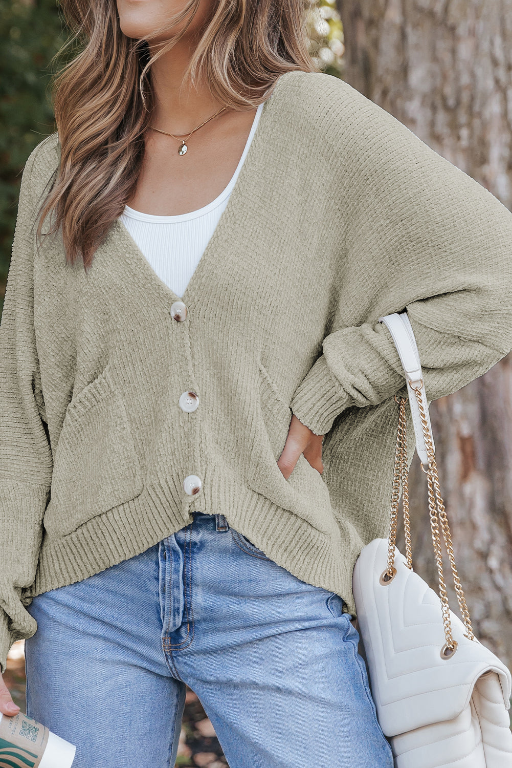 Buttons Front Pocketed Sweater Cardigan | Gray