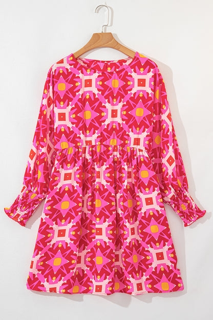 Geometric Print Smocked Long Sleeve Mini Dress | Strawberry Pink