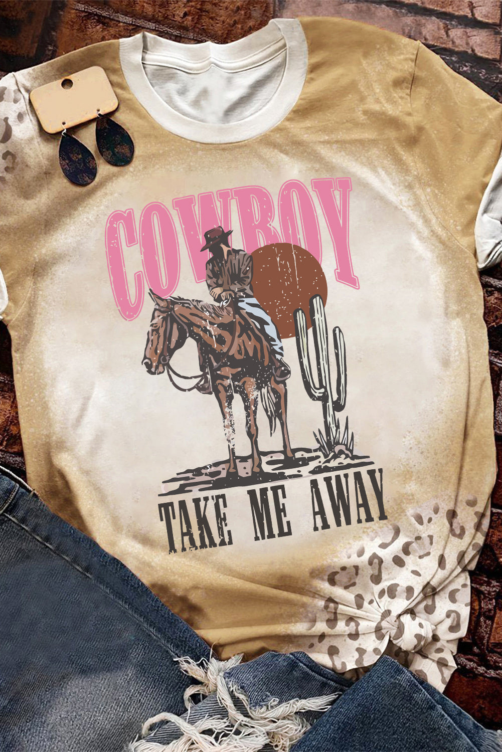 Western Cowboy Take Me Awya Bleached Graphic T Shirt | Khaki