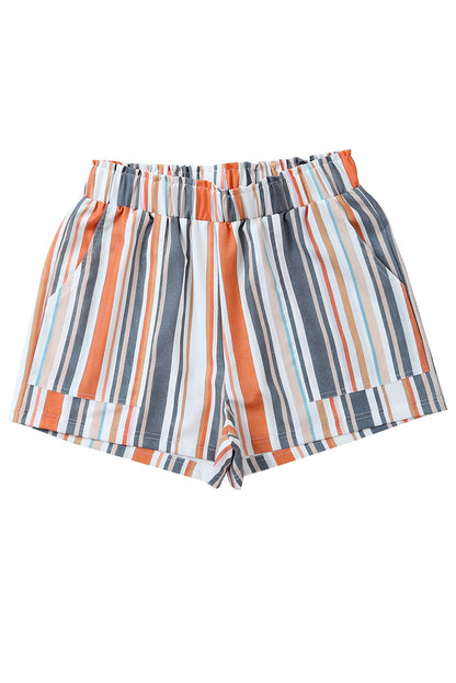 Vintage Washed Elastic Frill Waist Casual Shorts | Stripe