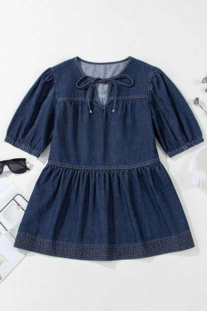 Puff Sleeve Lace-Up Neckline Splicing Denim Blouse | Sail Blue