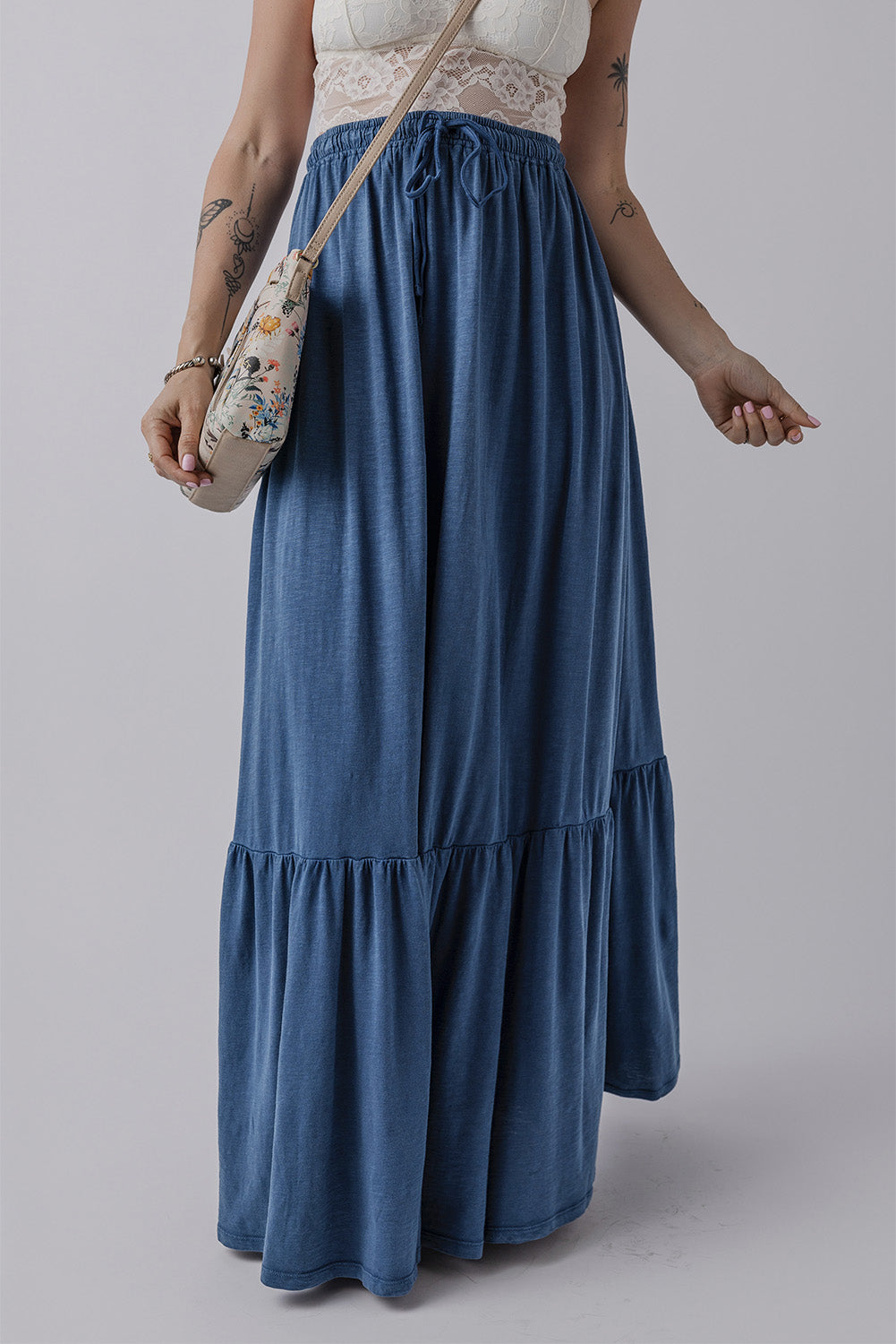 Solid Colour Lace Up High Waist Tiered Maxi Skirt | Sail Blue