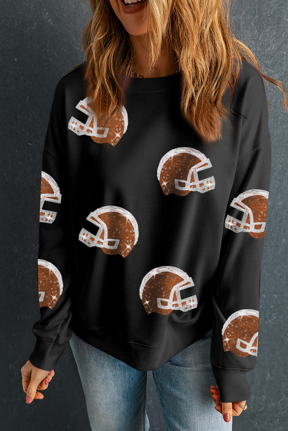 Black Sequin Rugby Football Helmet Graphic Game Day Sweatshirt