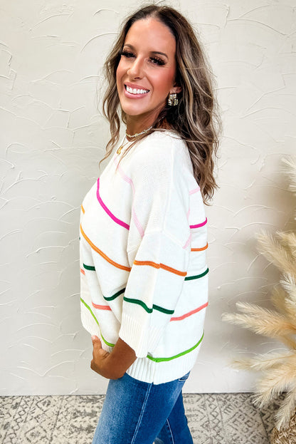 Colourblock Striped Half Sleeve Drop Shoulder Sweater | White